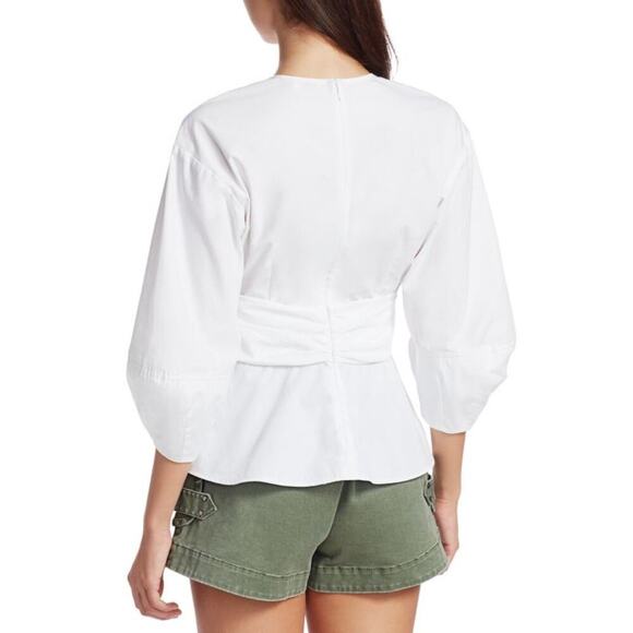 DEREK LAM White Noe Puff-Sleeve Peplum Plunging V-Neck Top Size 42 - Picture 2 of 10